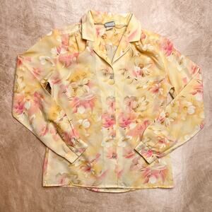 Vintage 90s Pykettes Floral Button Up Blouse Yellow Pink Watercolor Art Pastel